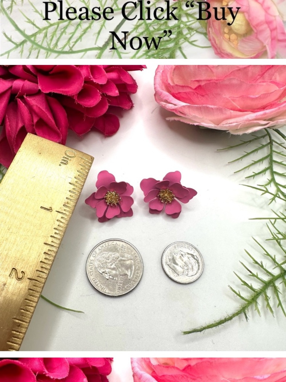 Pink Floral  Earrings - Gold Center